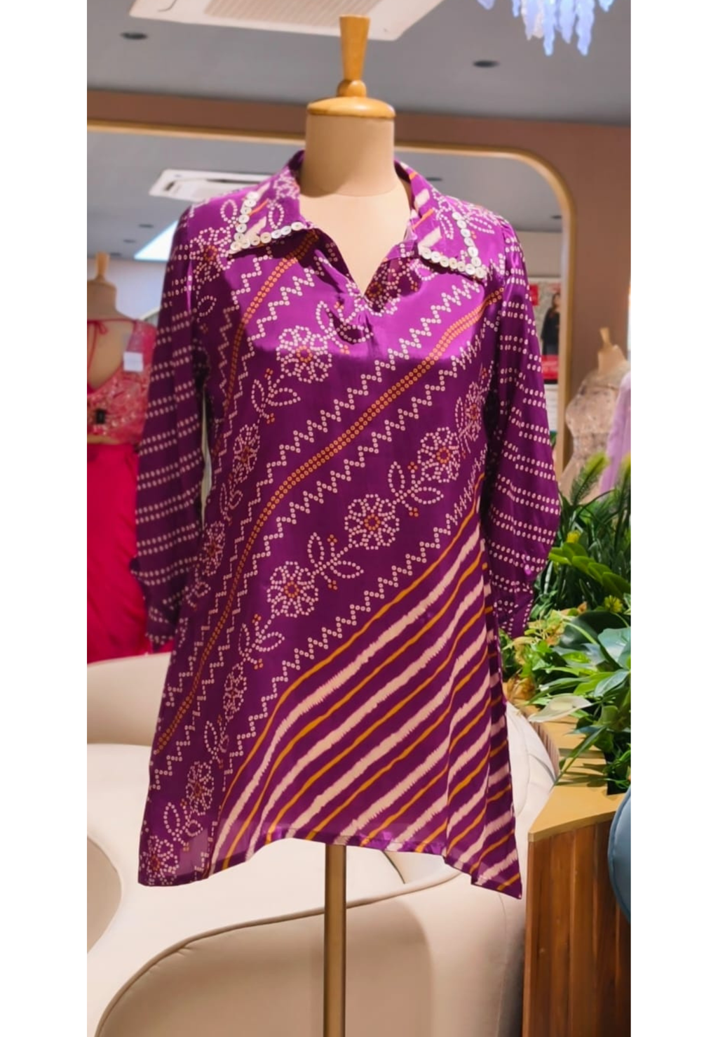 Women's Premium Purple Bandhani Floral Printed Soft Crepe Casual Shirt Top-15114