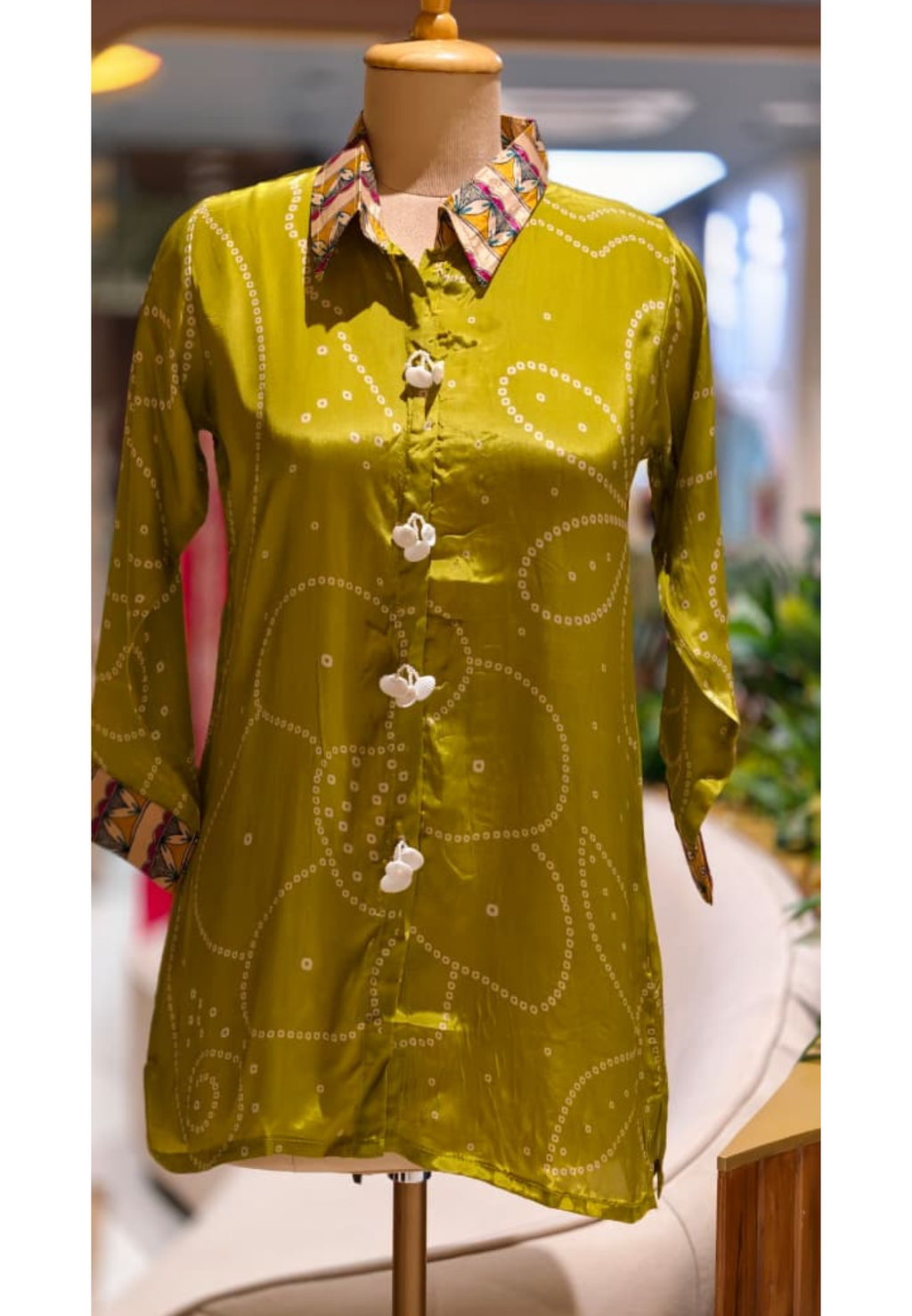 Women's Premium Olive Green & Maroon Bandhani Printed Soft Crepe Casual Shirt Top-