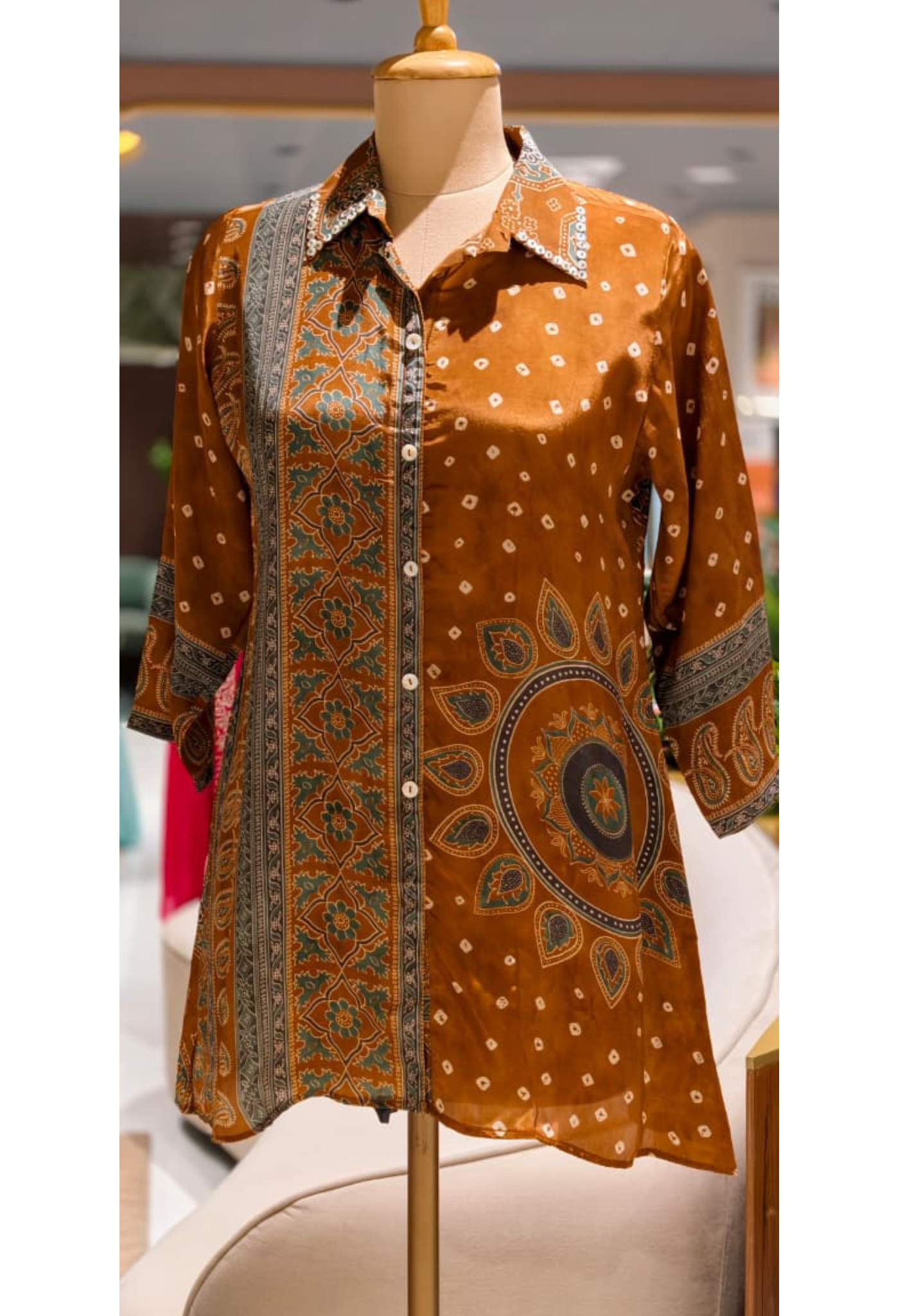 Coffee Brown Paisley & Floral Printed Soft Crepe Full Sleeve Collared Casual Shirt Top-15114