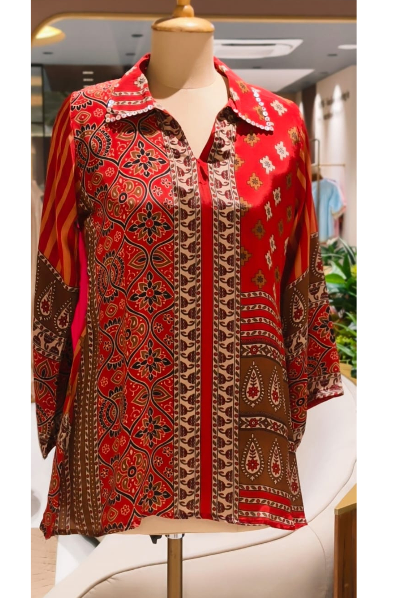 Rust Red Floral & Geometric Printed Soft Crepe Full Sleeve Collared Casual Shirt