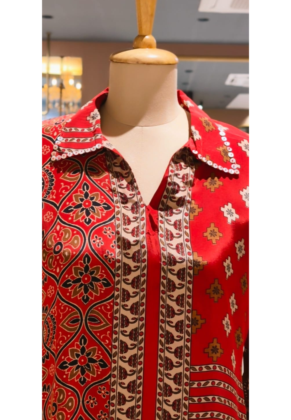 Rust Red Floral & Geometric Printed Soft Crepe Full Sleeve Collared Casual Shirt