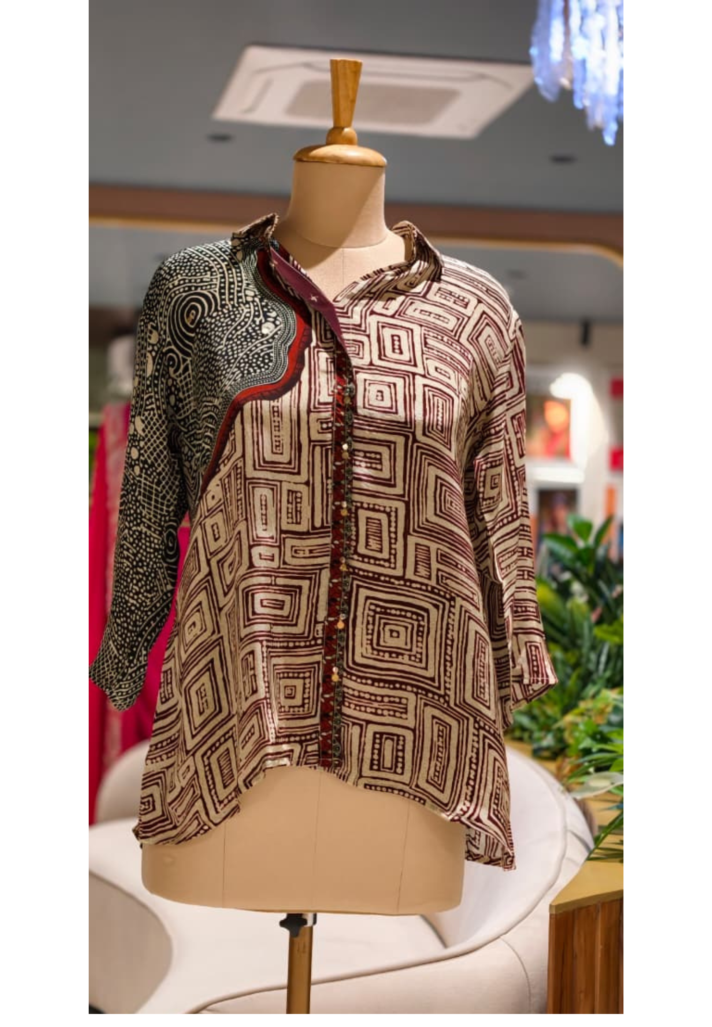 Black & Beige Abstract Geometric Printed Soft Crepe Full Sleeve Mandarin Collar Casual Shirt-