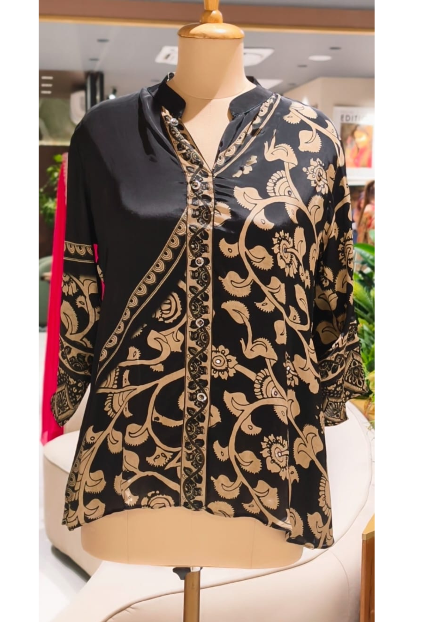 Black & Beige Floral Vine Printed Soft Crepe Full Sleeve Mandarin Collar Casual Shirt-