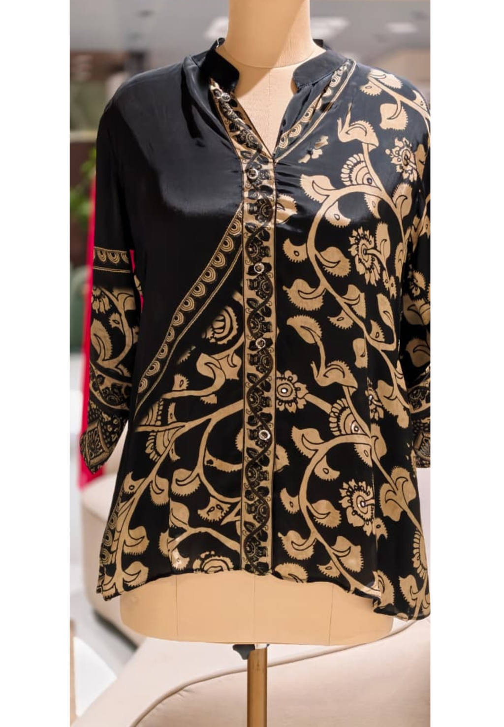 Black & Beige Floral Vine Printed Soft Crepe Full Sleeve Mandarin Collar Casual Shirt-