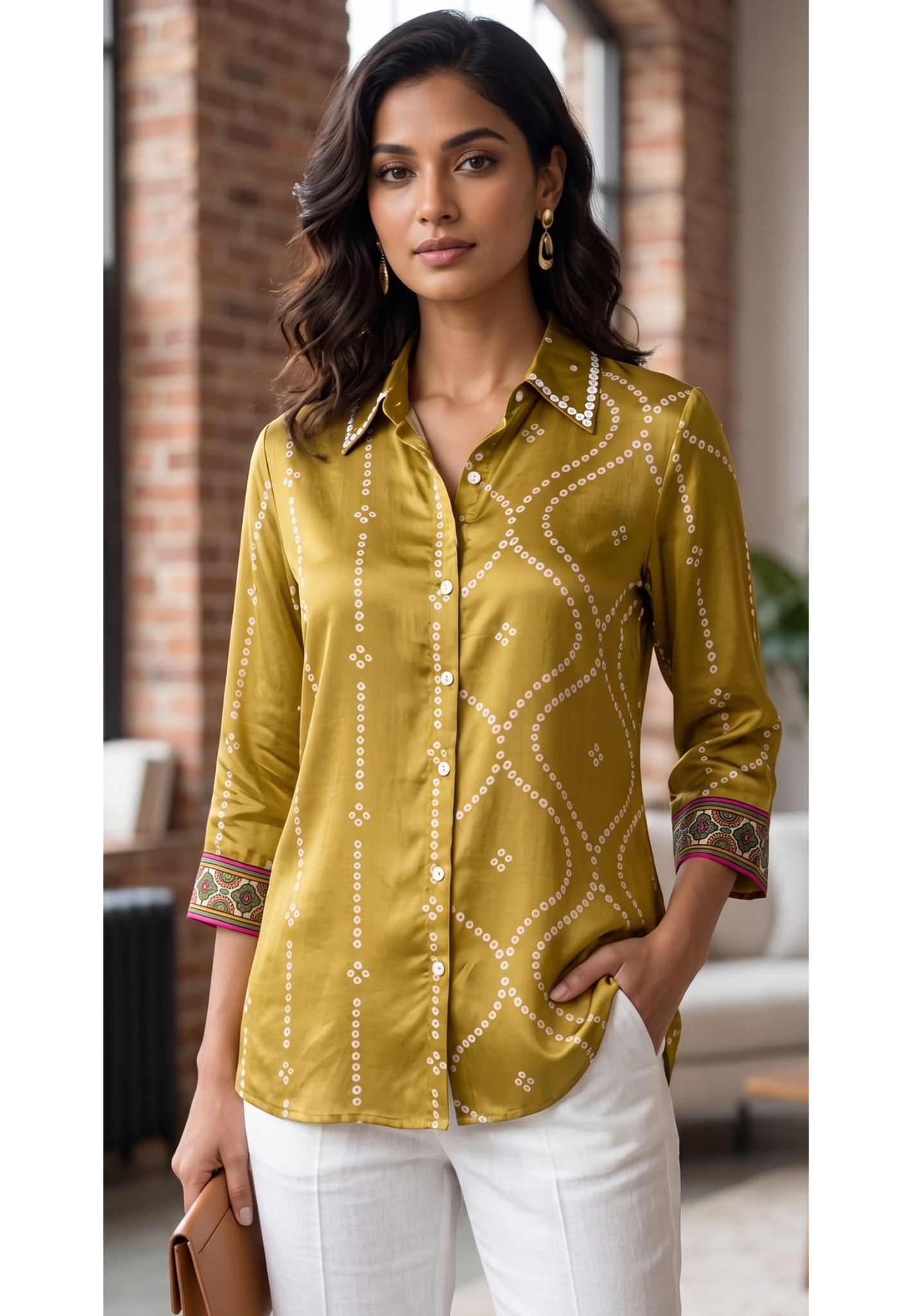 Women's Premium Mustard Bandhani Printed Soft Crepe Casual Shirt Top- 15114