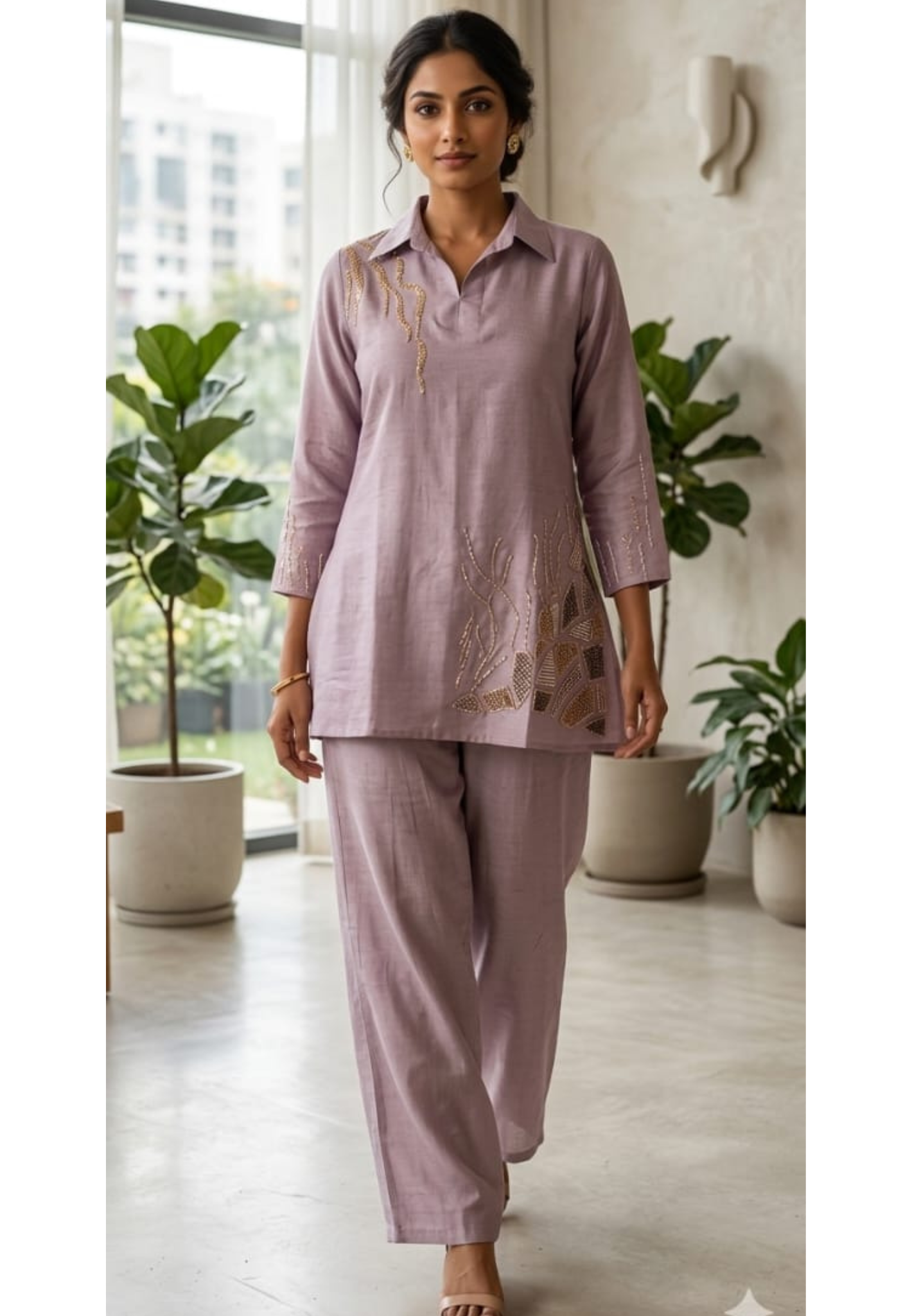 Branch Tail Sequin Scattered Work Solid Stylish Co-Ord Set W109