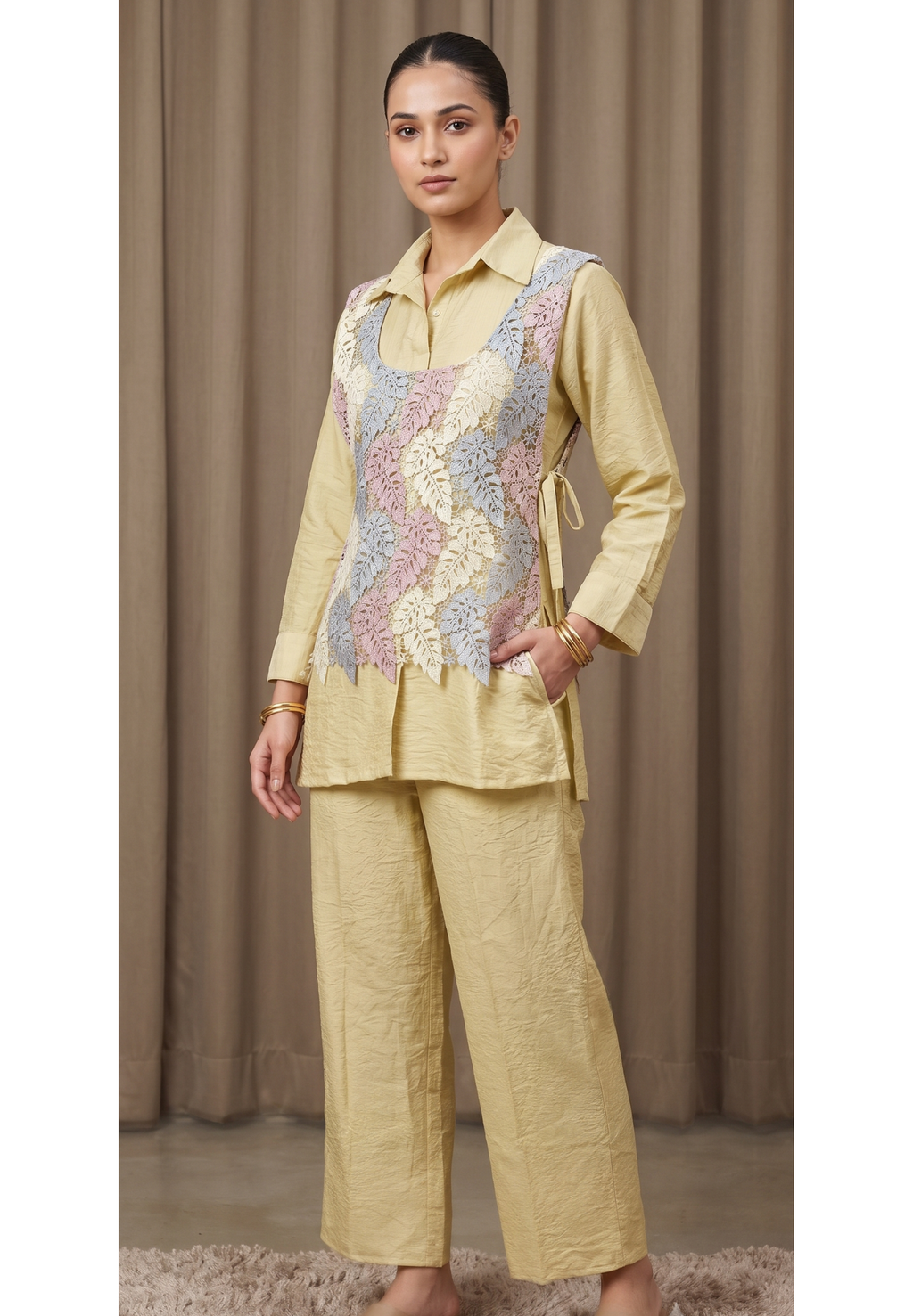 Pastel Yellow Crinkled Indo-Western Co-ord Set with Pastel Leaf Macramé Netted Overlay- 15247