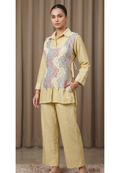 Pastel Yellow Crinkled Indo-Western Co-ord Set with Pastel Leaf Macramé Netted Overlay- 15247