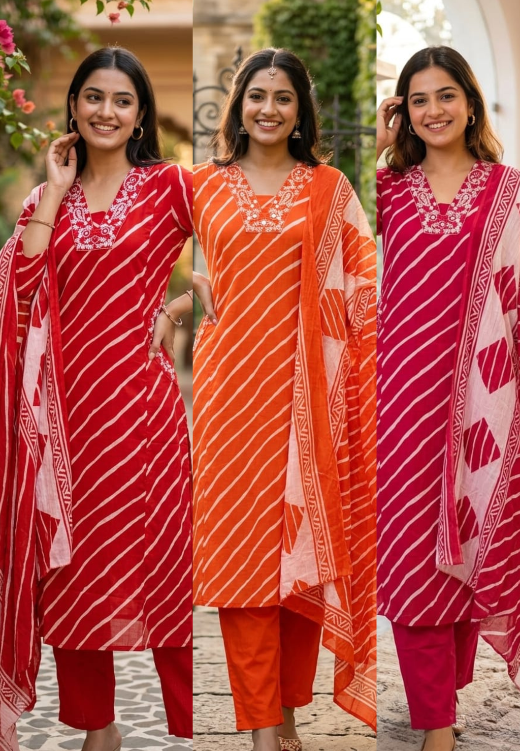Mango Buti Thread Embroidered Neckline Leheriya Cotton A-Line Full Suit Set With Dupatta & Side Pockets-15168