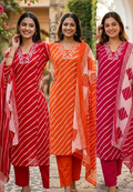 Mango Buti Thread Embroidered Neckline Leheriya Cotton A-Line Full Suit Set With Dupatta & Side Pockets-15168