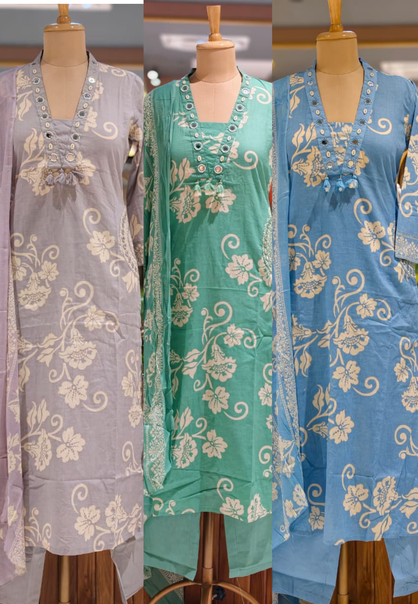 Bloom Grace Cotton Suit Ivory Blossom Elegance Noor Floral Charm Vintage Blossom Cotton Full Suit Set-