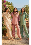 Jewel Stone Neckpiece Look Detechable Outer With Collared Kurta Pant Set In Crush Tissue Fabric- 15353
