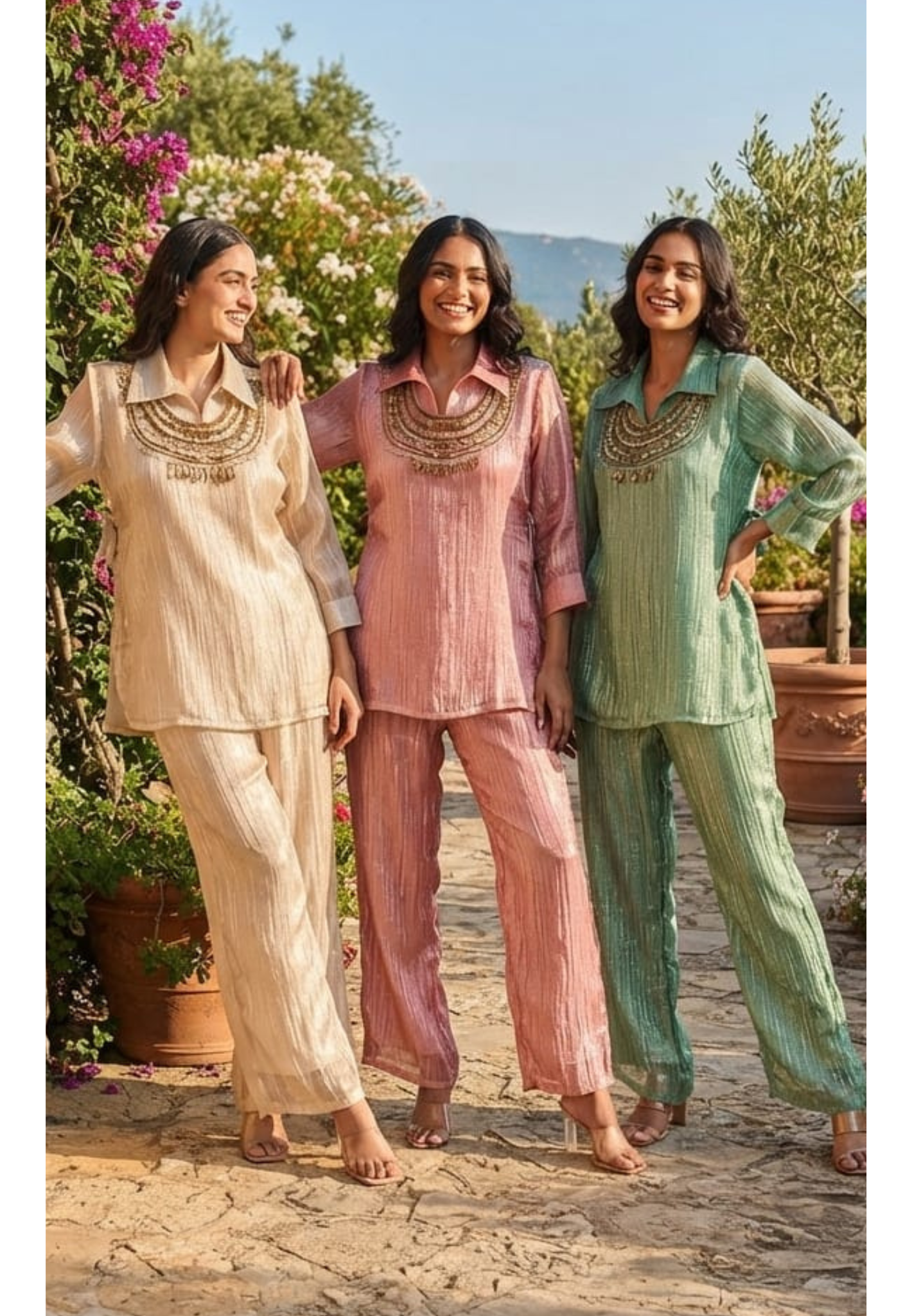 Jewel Stone Neckpiece Look Detechable Outer With Collared Kurta Pant Set In Crush Tissue Fabric- 15353