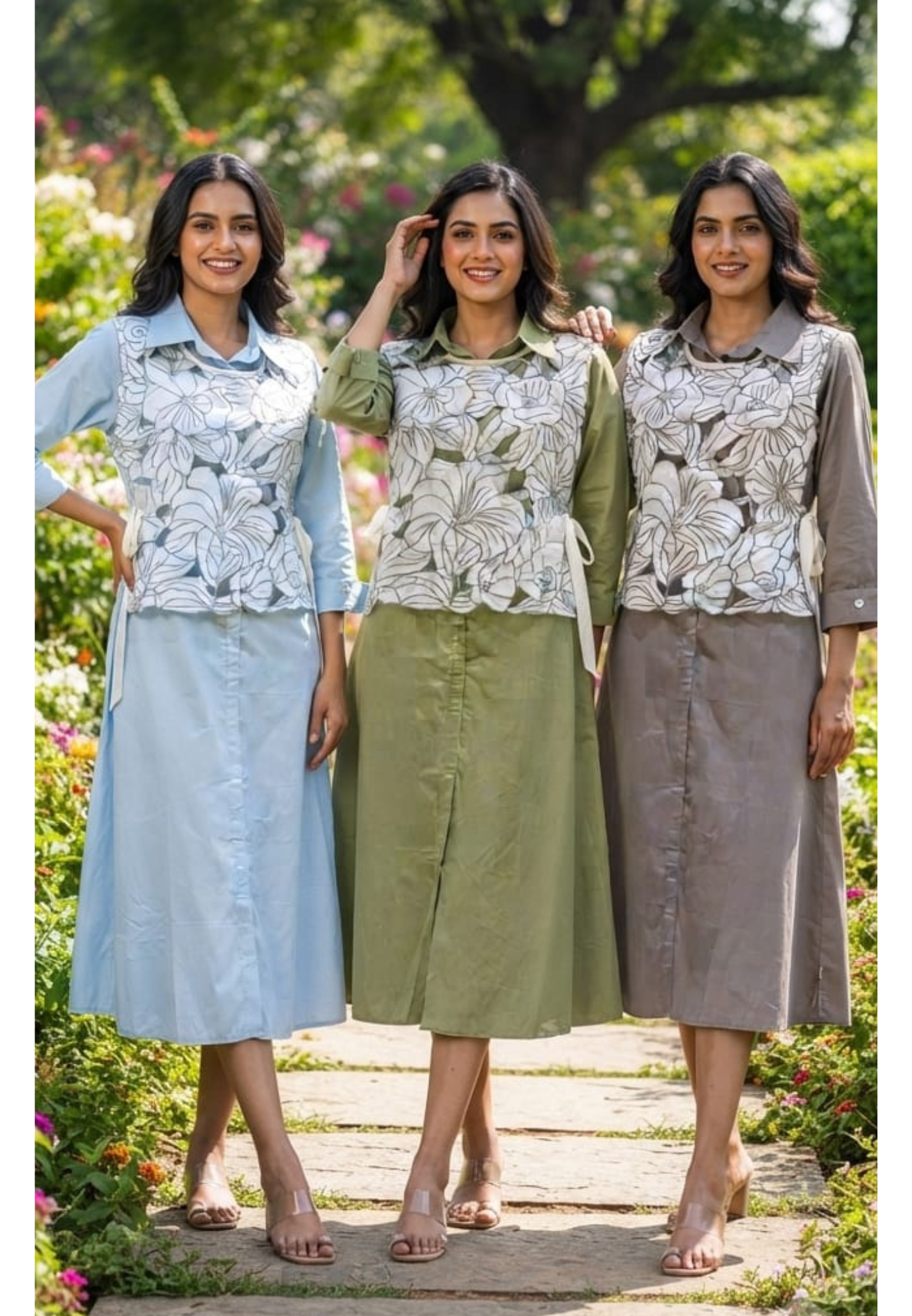 Glaze Cotton Midi Dress with Detachable Floral Cutwork Layer & Side Tie Knot- 15401