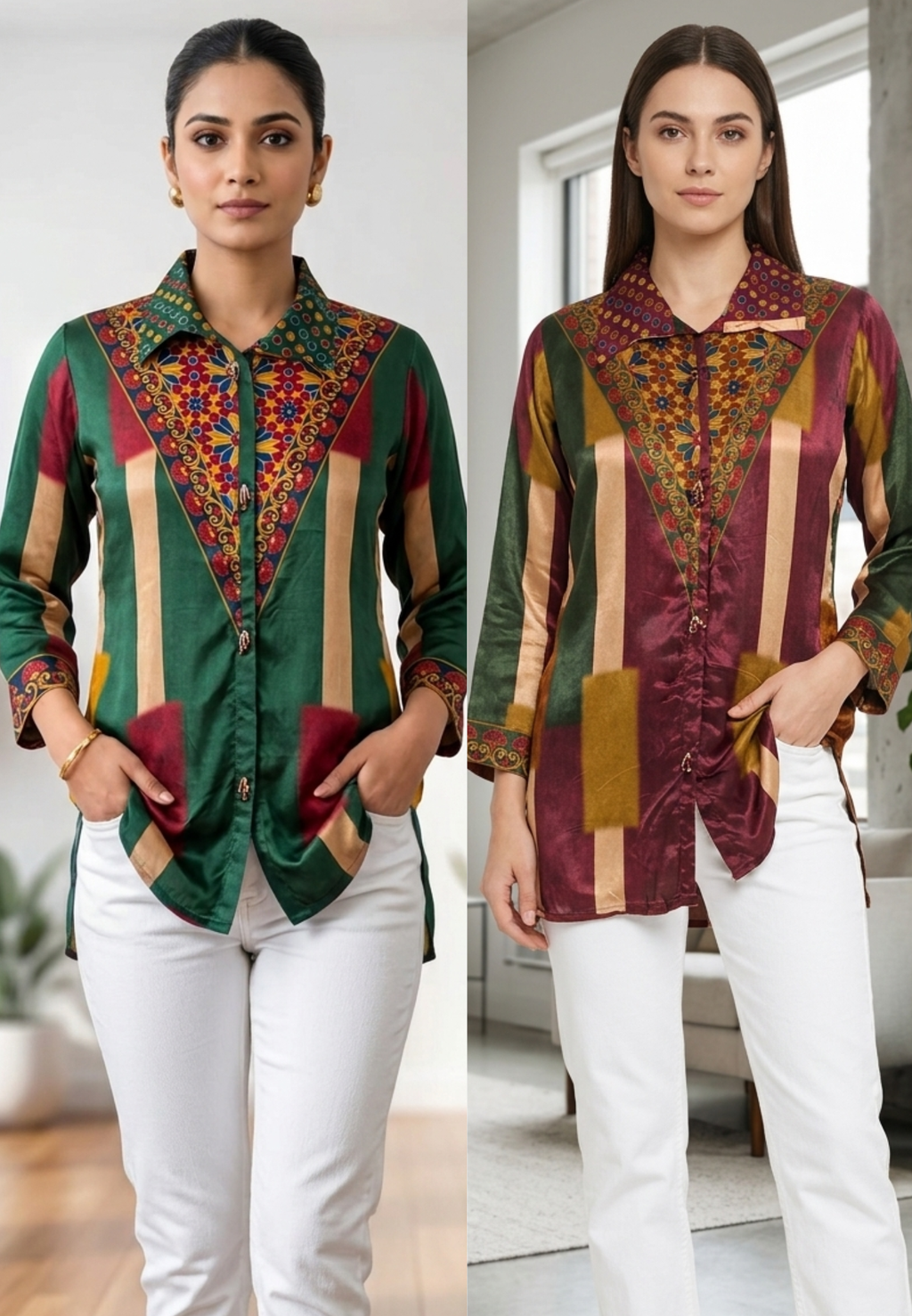 Ajrakh Assymetric Multicolor Print Crepe Casual Wear Shirt- 15323