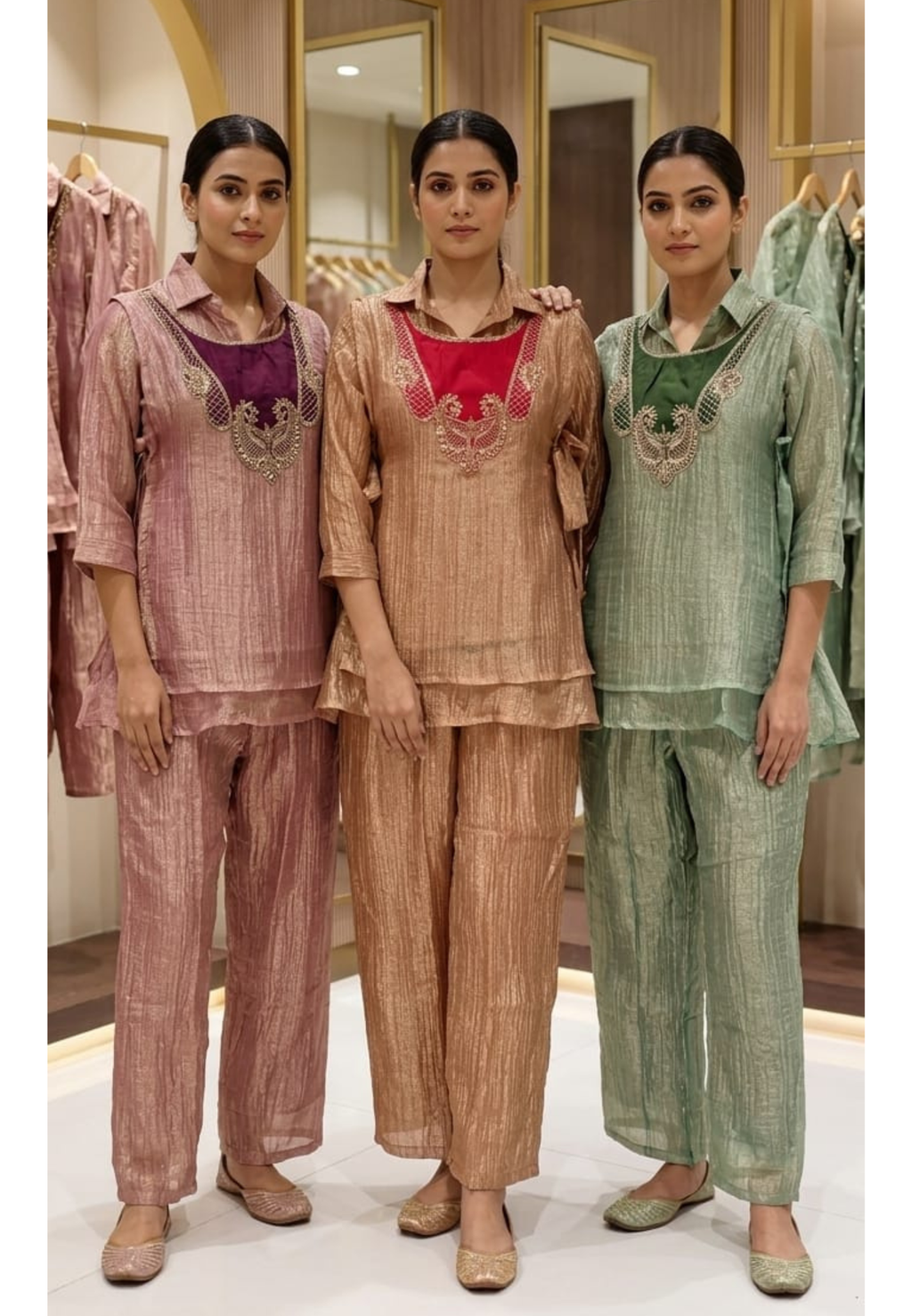 Elegant Contrasted Yoke Overlay Crush Tissue Festive Co-Ord Set- 15318
