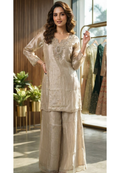Elegant Hand Embroidery Yoke Crush Tissue Co-Ord Set With Palazzo Bottom- 15393
