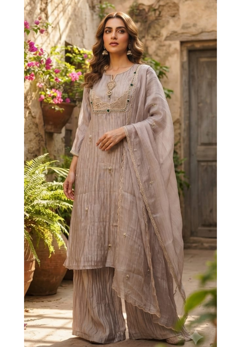 Champagne Shimmer Crushed Tissue Full Suit Set with Emerald Jewel & Pearl Zardozi Yoke- 15390