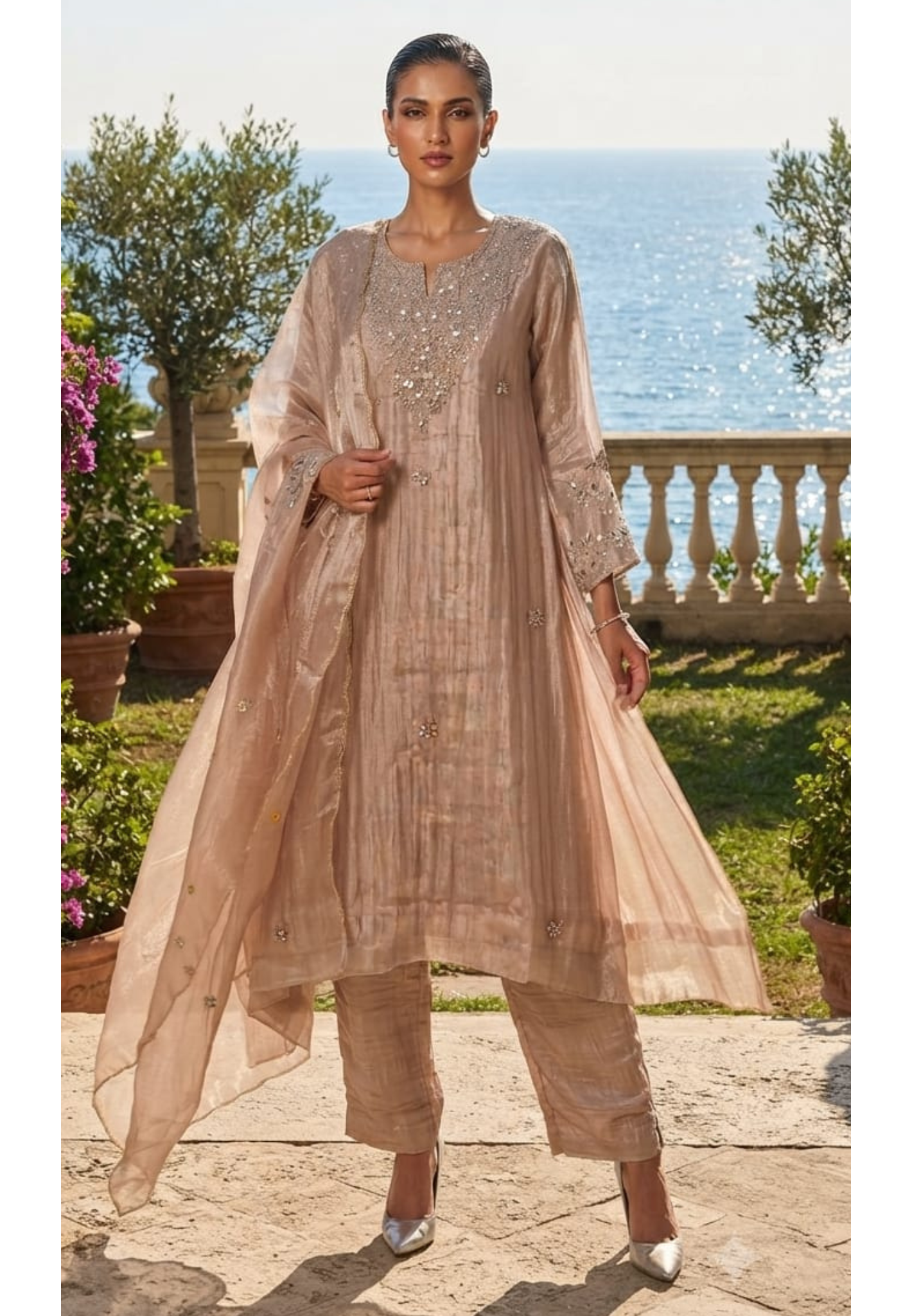 Mirror & Beadwork Yoke Rose-Gold Shimmer Crushed Tissue Full Suit Set with Dupatta- 15391