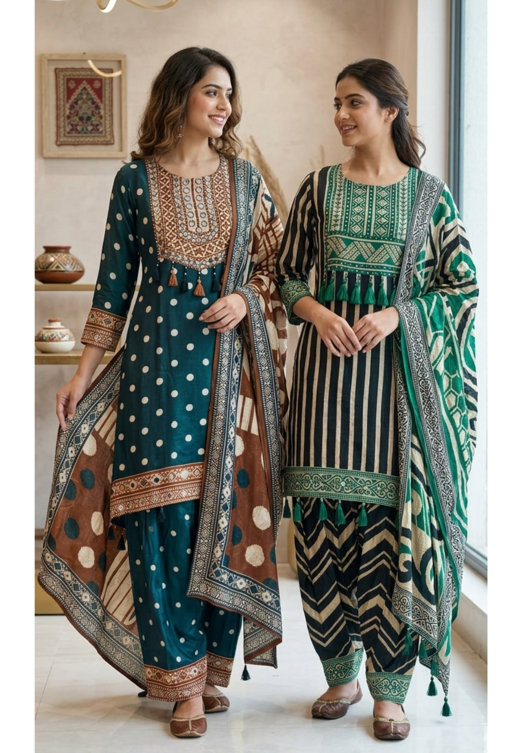 Boho Chich Tribal Inspired Multicolor Print Crepe Full Suit Set With Dupatta- 15417, 15120