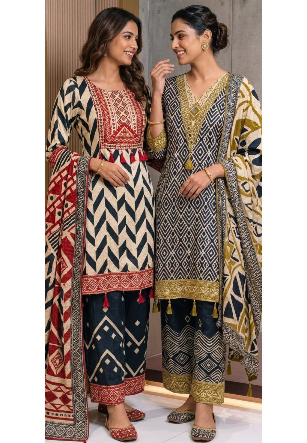 Tribal Inspired Tassel Accent Multi Printed Flowy Crepe Fancy Full Suit Set With Dupatta- 15418, 15419