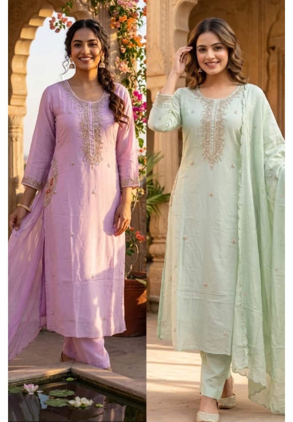Pastel Intricate Hand-Embroidered Festive Wear Mul-Chanderi Fancy Full Suit Set With Dupatta- 15372
