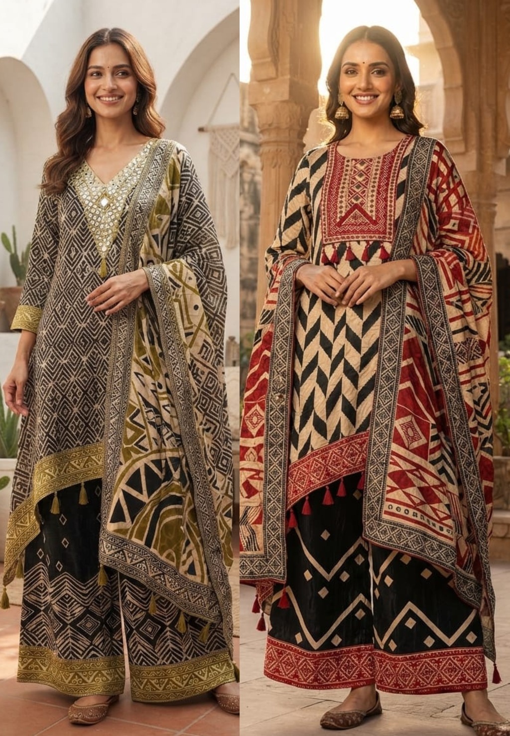 Tribal Inspired Tassel Accent Multi Printed Flowy Crepe Fancy Full Suit Set With Dupatta- 15418, 15419