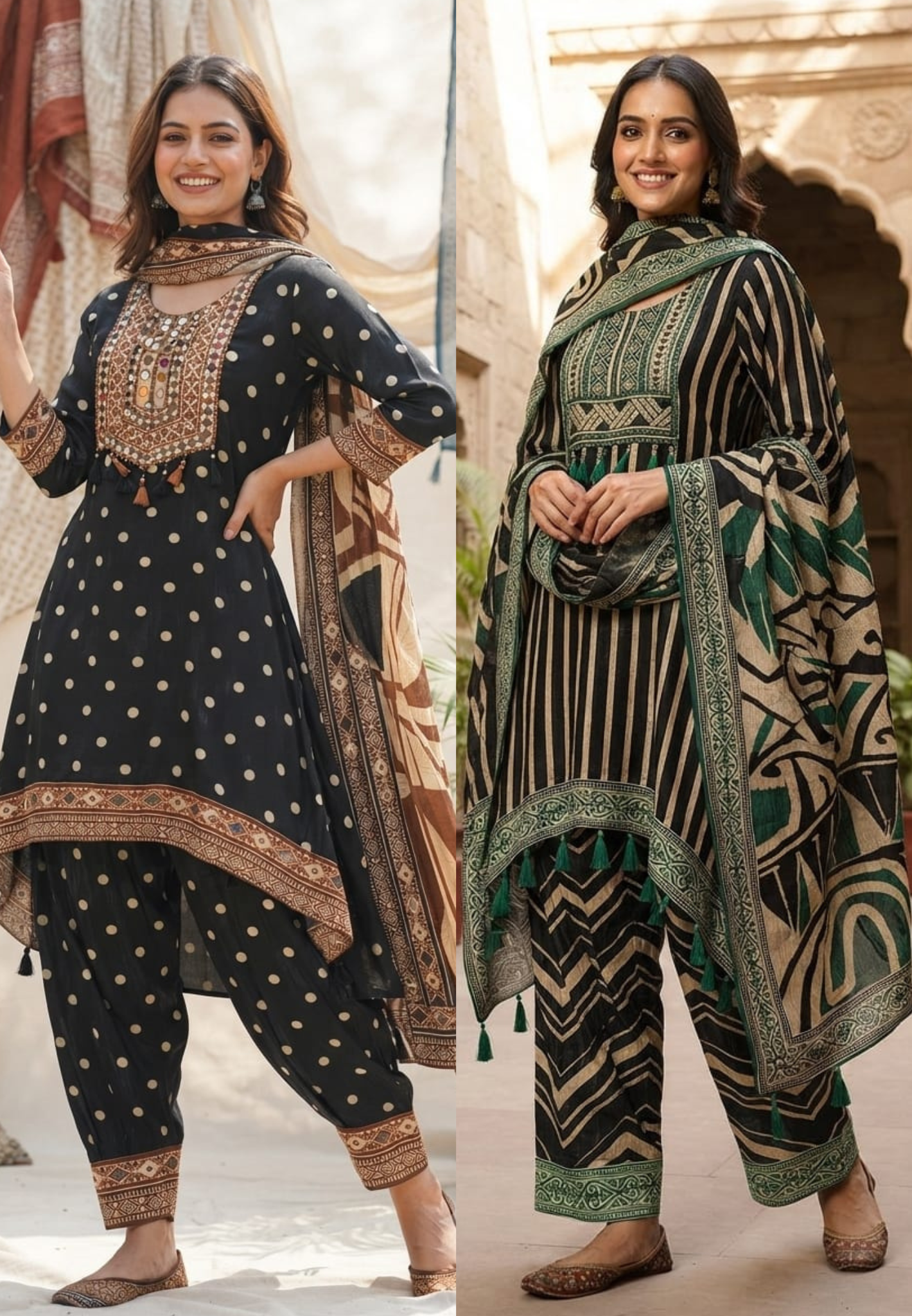 Boho Chich Tribal Inspired Multicolor Print Crepe Full Suit Set With Dupatta- 15417, 15120