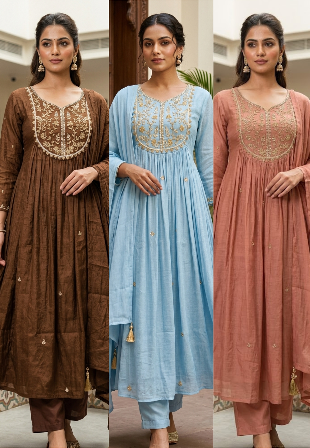 Zardosi Cut-Dana Embroidered Yoke Surat Mul-Chanderi Anarkali Full Suit Set With Dupatta- 15319