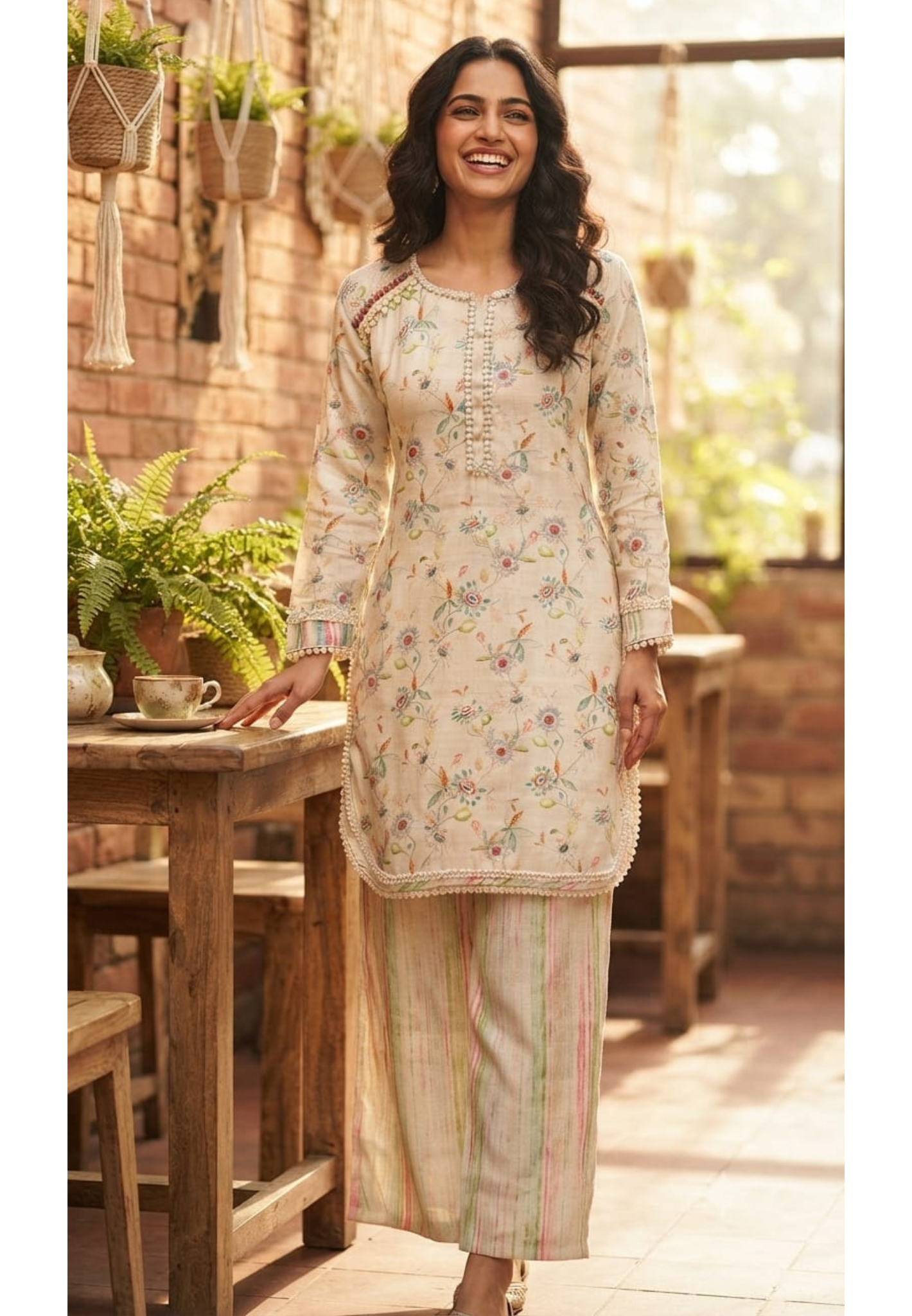 Cute Floral Motifs Lace Detailing Casual Wear Co-Ord Set- 14854