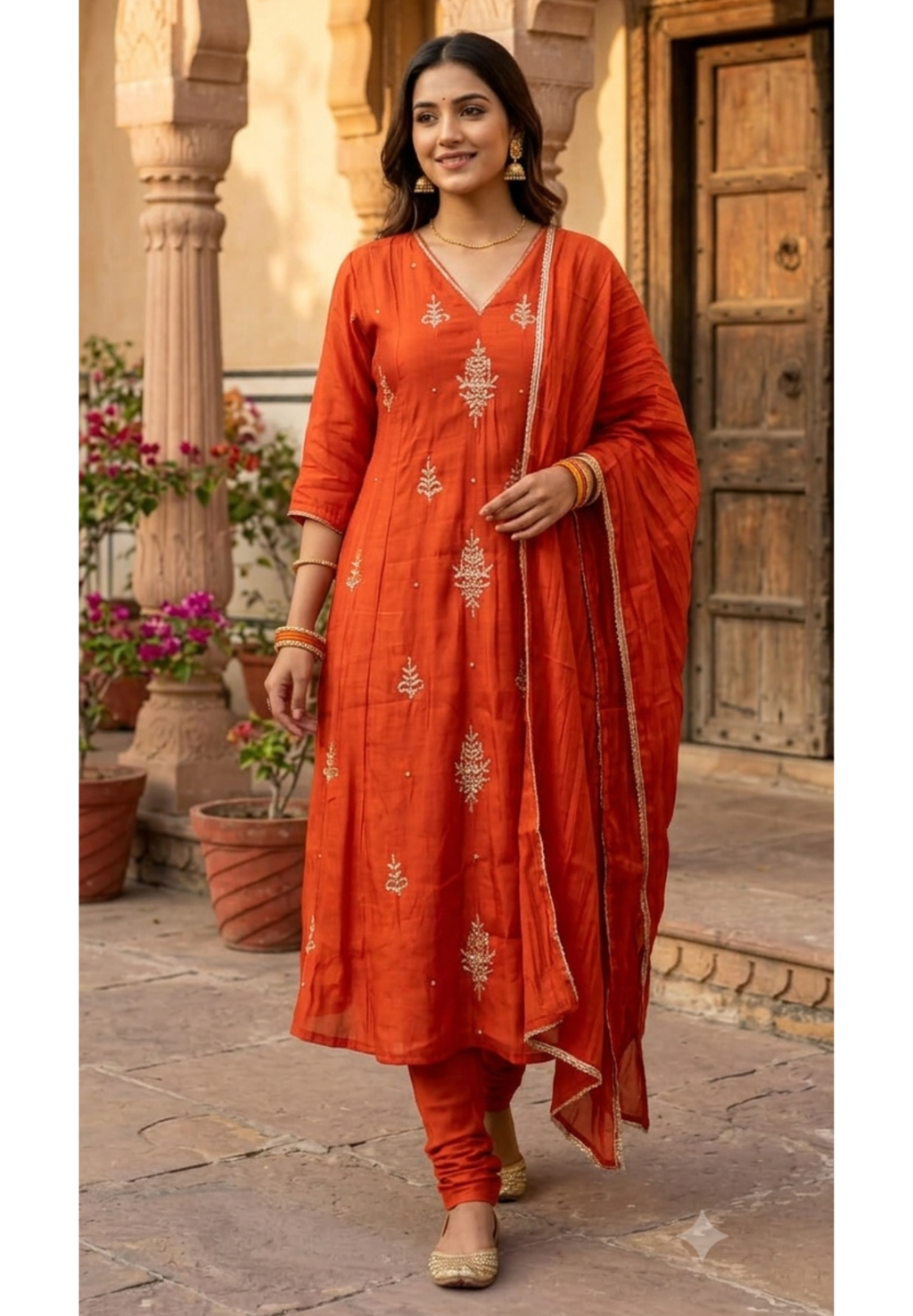 Vibrant Orange Elegant Cut-Dana Embroidered Surat Mul-Chanderi A-Line Full Suit Set With Dupatta- 15162