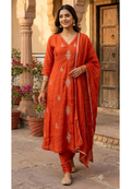 Vibrant Orange Elegant Cut-Dana Embroidered Surat Mul-Chanderi A-Line Full Suit Set With Dupatta- 15162