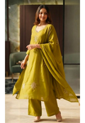 Lime Punch Zardosi Embroidered Surat Mul-Chanderi A-Line Dull Suit Set With Dupatta- 15101