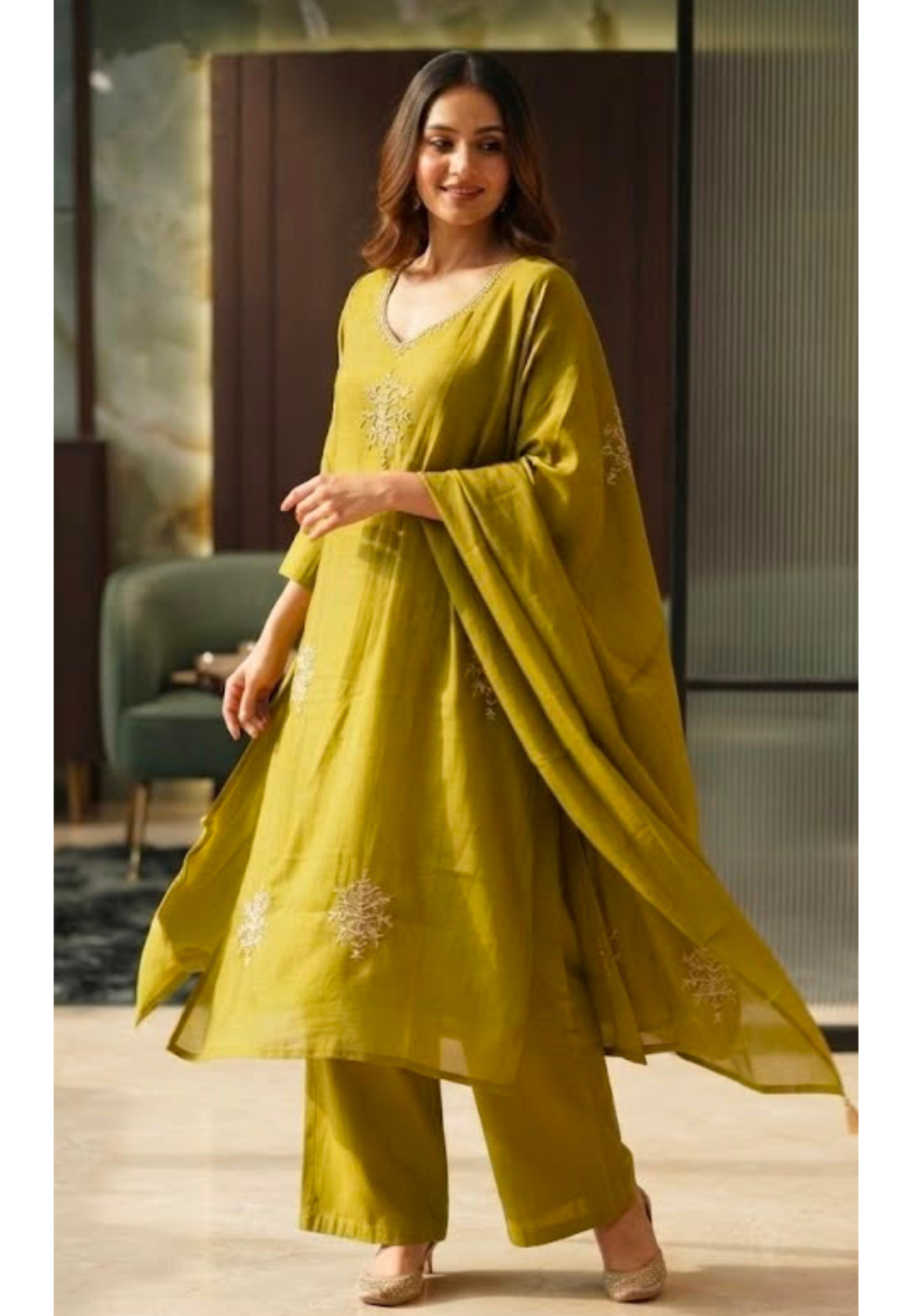 Lime Punch Zardosi Embroidered Surat Mul-Chanderi A-Line Dull Suit Set With Dupatta- 15101