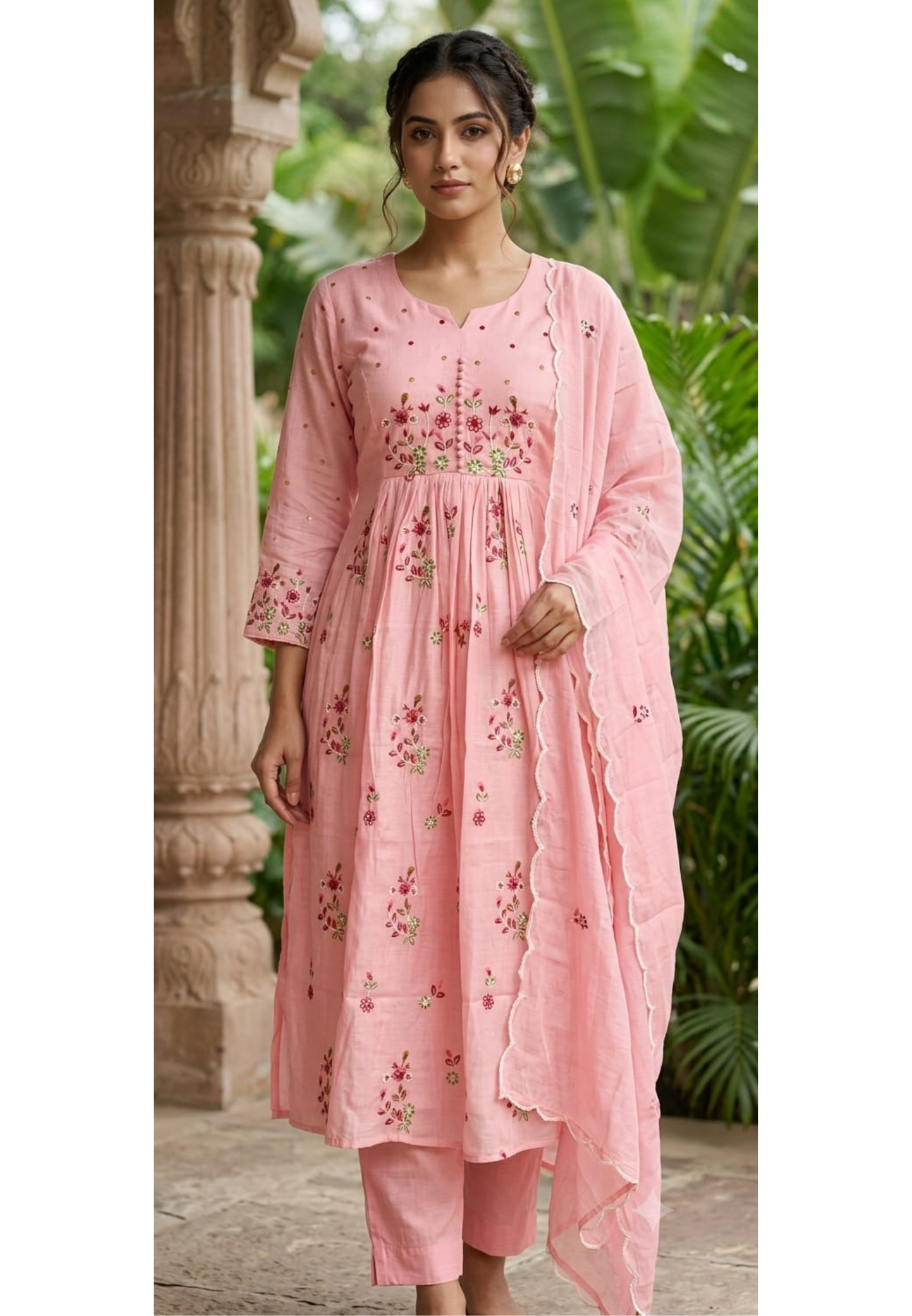 Thread Embroidered Aline Pastel Shade Surat Mul-Chanderi Full Suit Set-15124