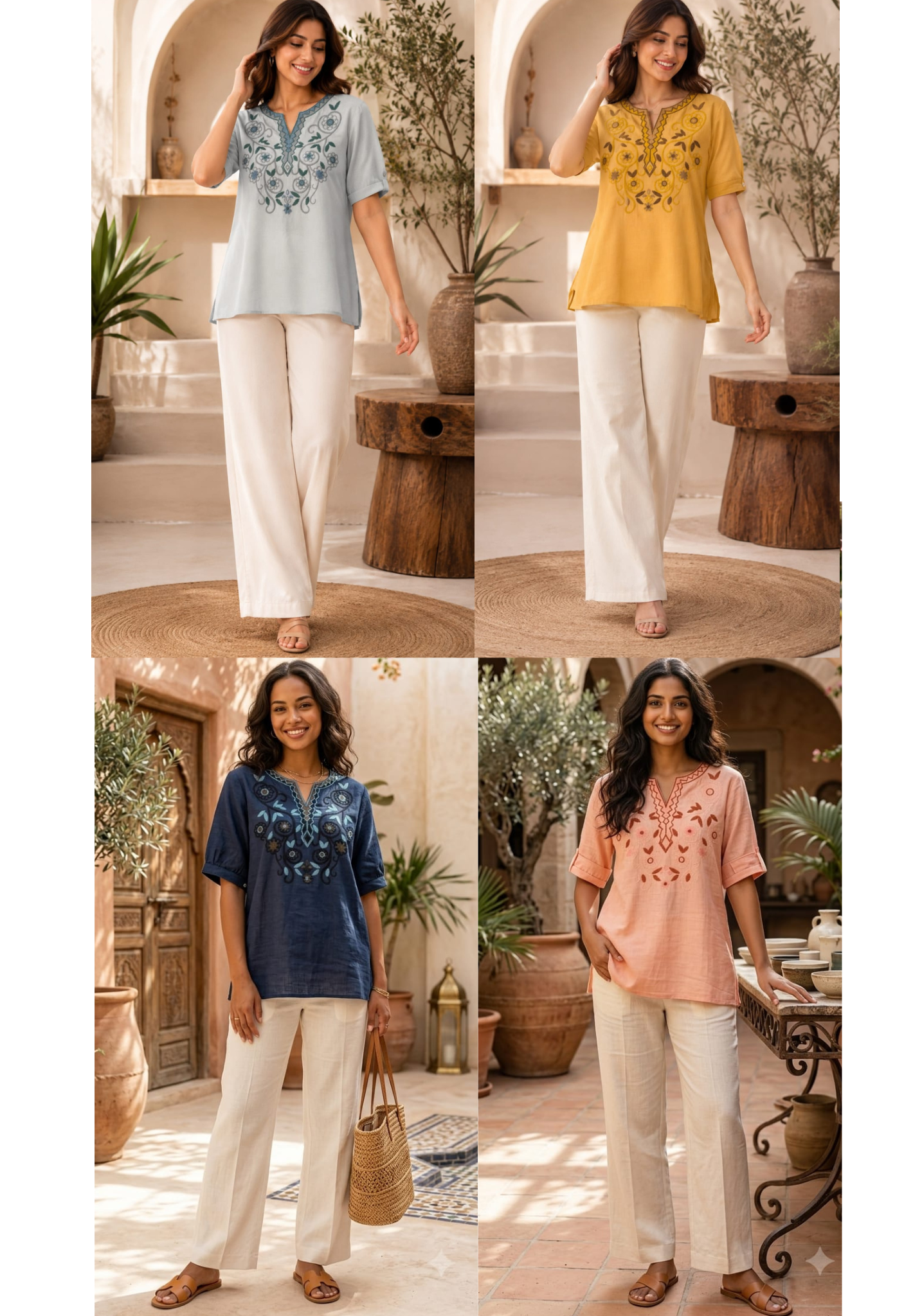 Mandarin Collar Floral Embroidered Split Neck Imported Tunic- 15137