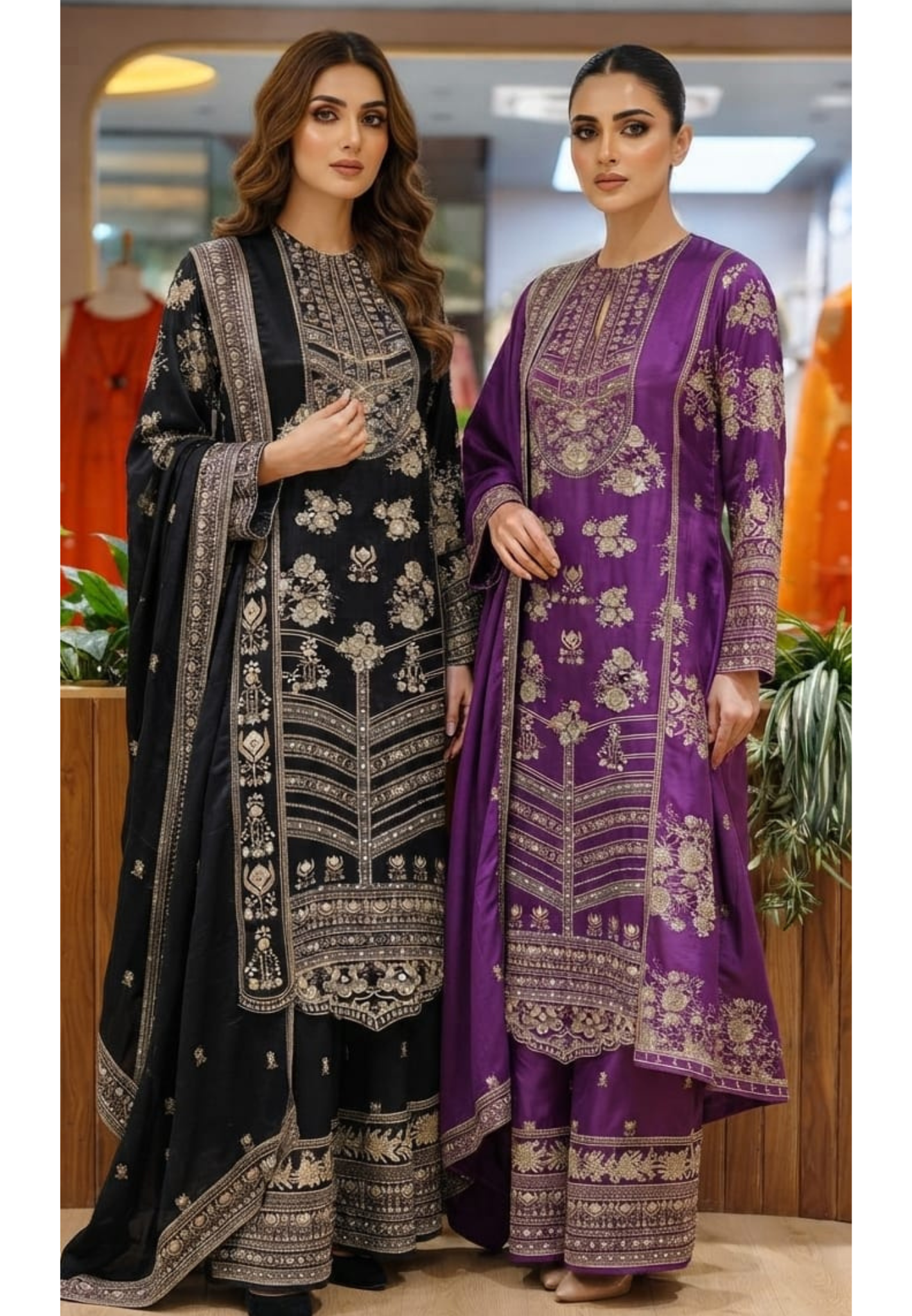 Intricate Floral Motifs and Ornate Border Contemporary Flair Long Length Full Suit Set- 15414