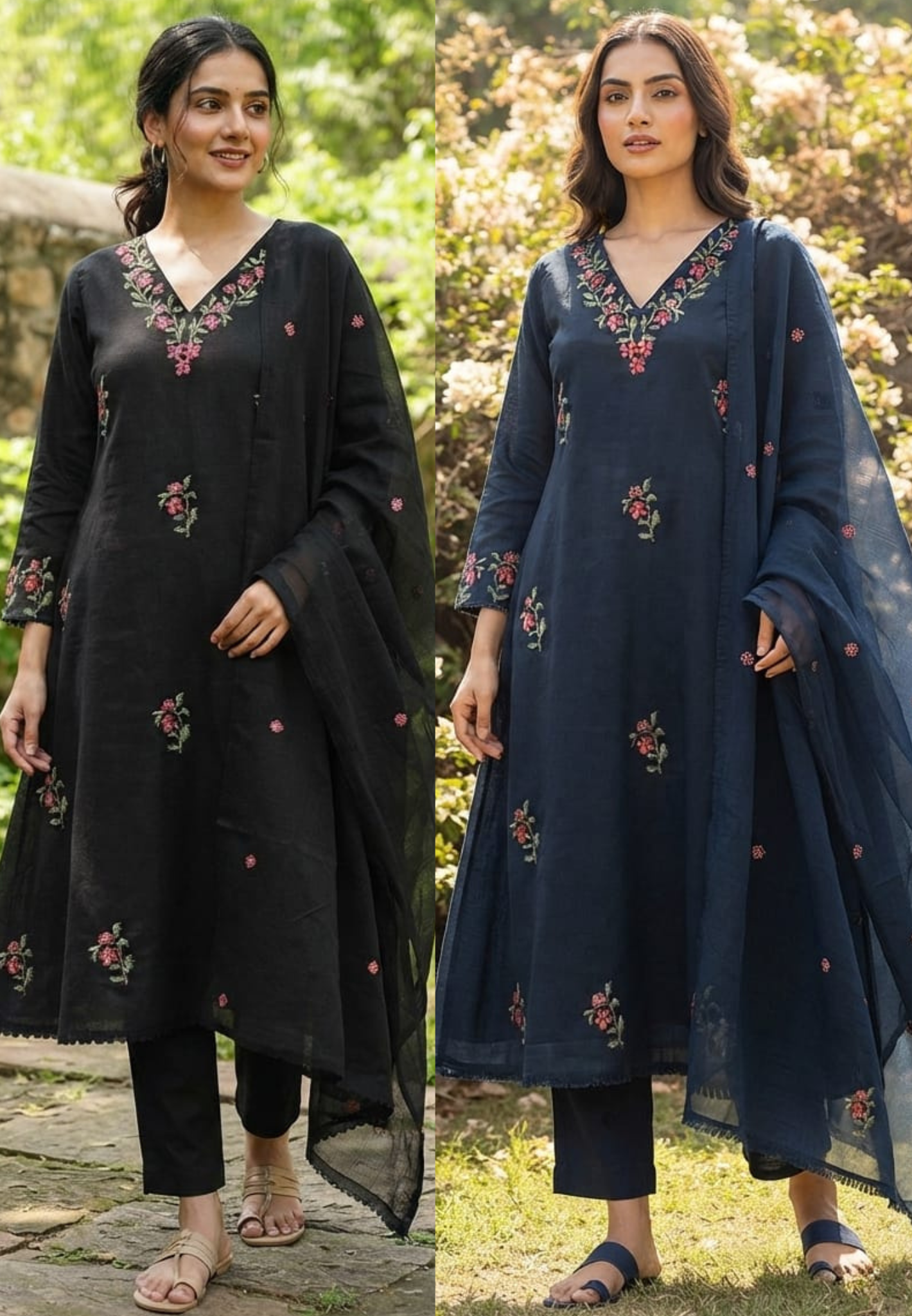 Floral Branch Cross Stitch Intricate Embroidery A-Line Cotton Full Suit Set With Dupatta - 15436