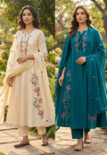 Colorful Leaf Intricate Embroidery Pleated A-Line Cotton Full Suit Set With Dupatta- 15437