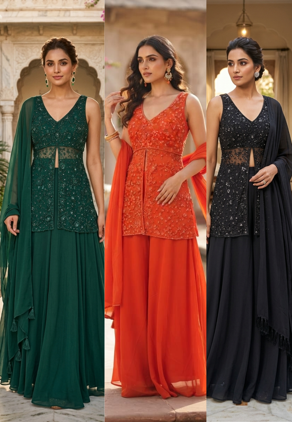 Premium Georgette Celestial Intricate Stones Cut-dana Embroidery Peplum Kurta WithFlared Palazzo Bottom & Tasseles Dupatta- 15007