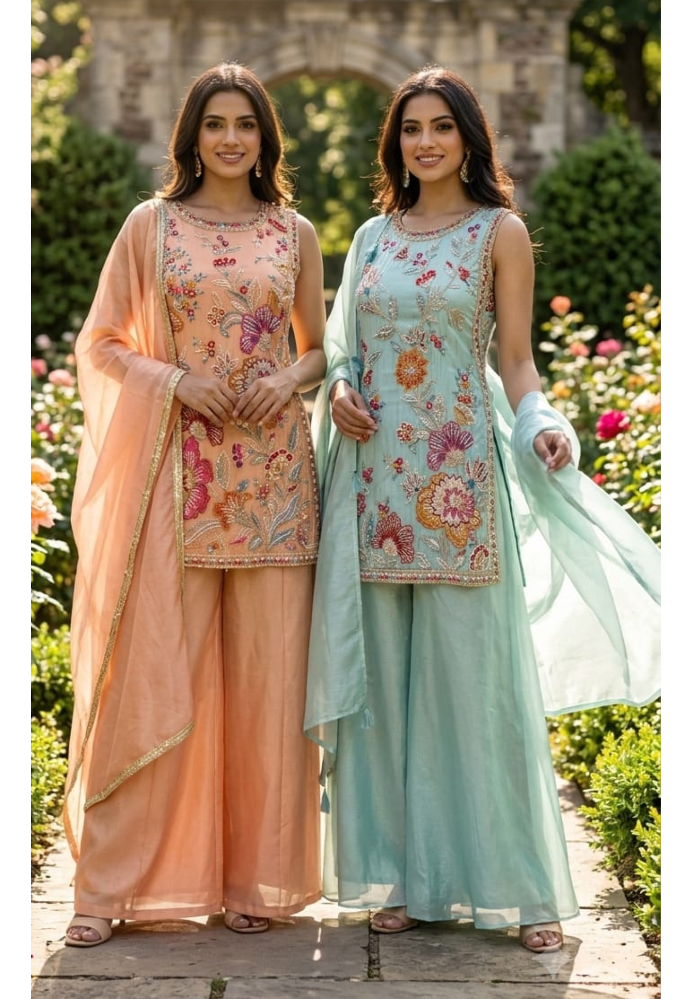 Floral Bloom Pastel Hand-Embroidered Sleeveless Short Kurti with Palazzo & Sheer Dupatta Set In Tissue Fabric- 15308