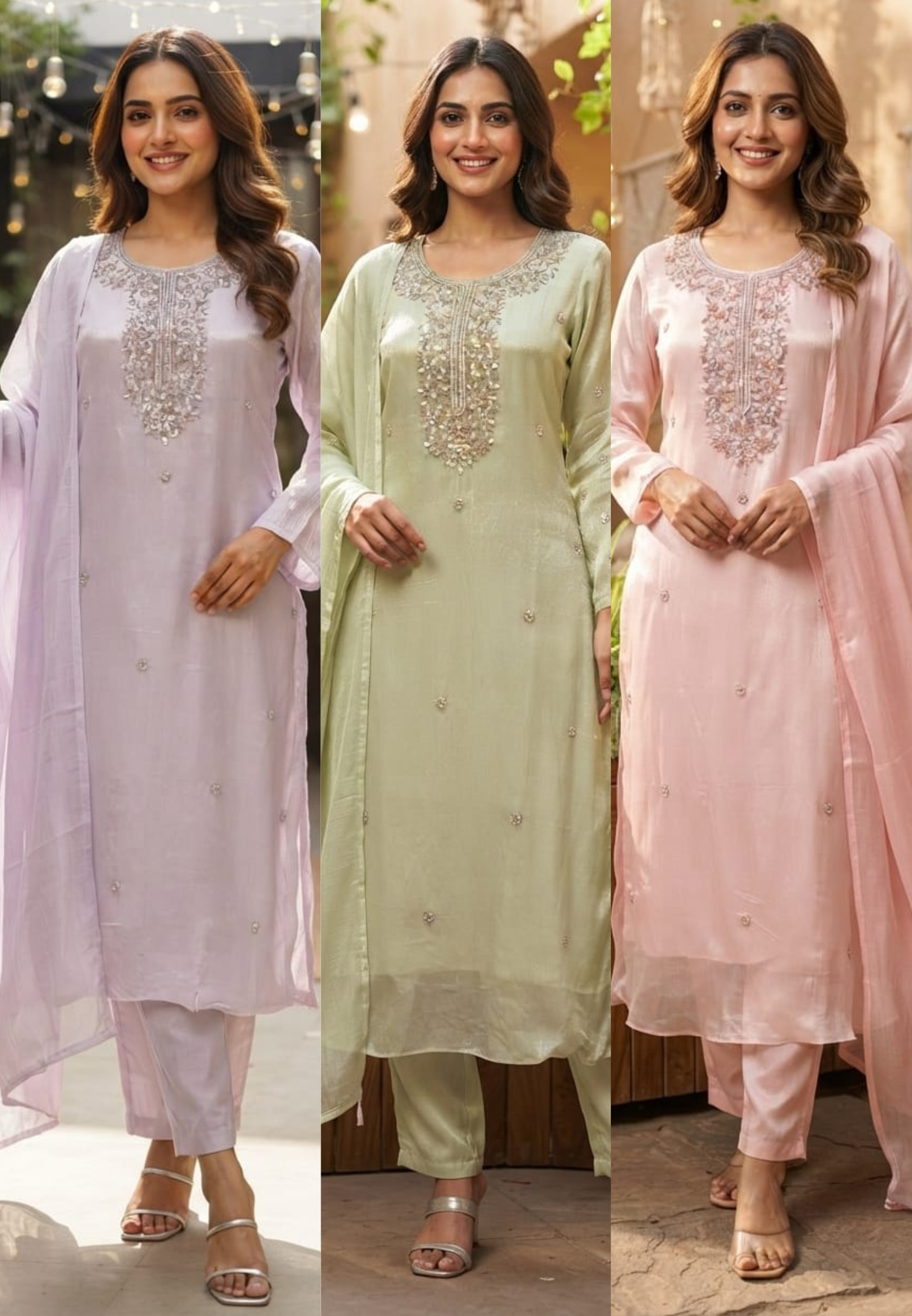 Elegant Embroidered Yoke Pastel Inspired Chinon A-Line Full Suit Set With Dupatta- 15502
