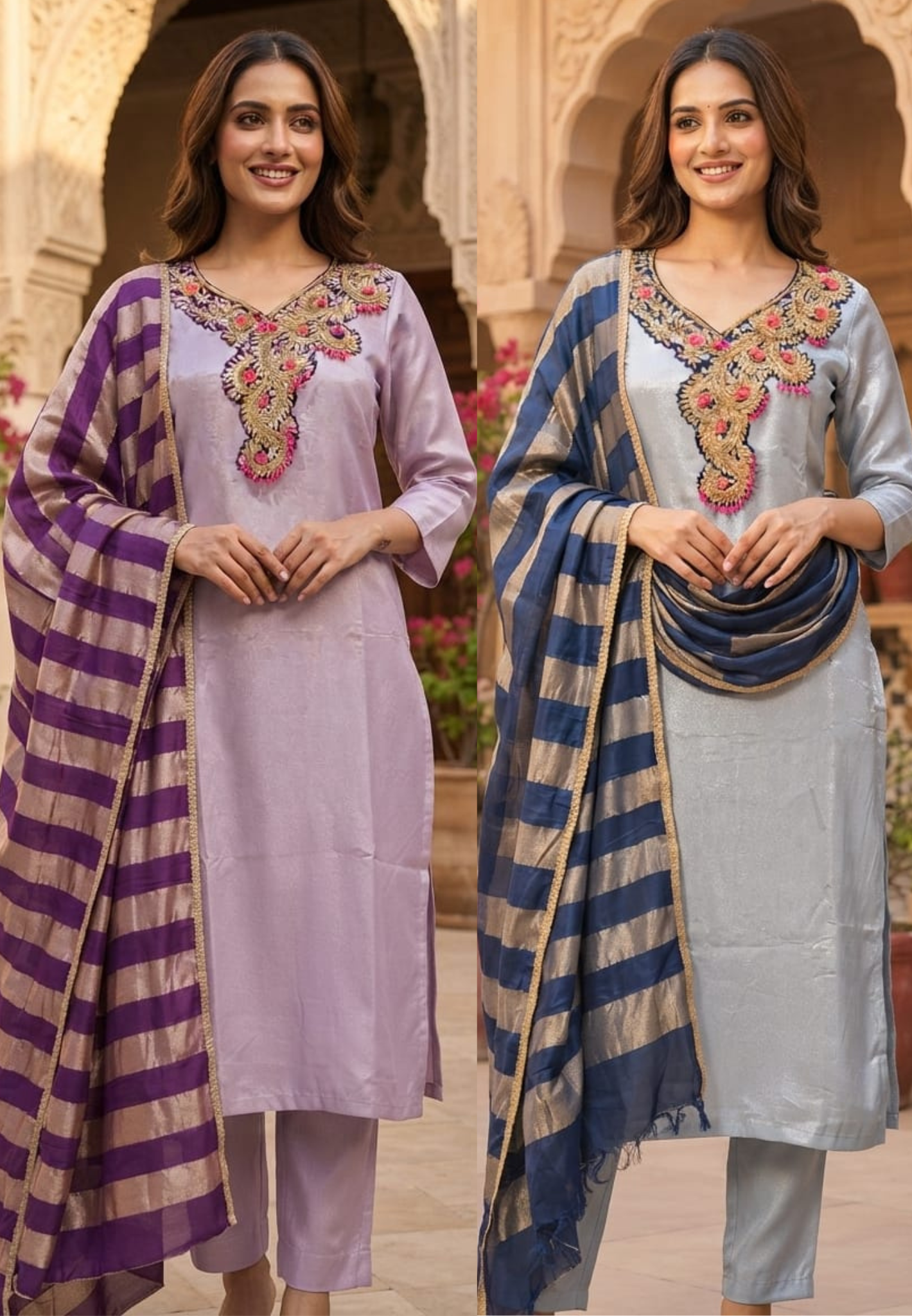 Beads Embellished Royal Zardosi Work Tissue Full Suit Set With Dupatta- 14028