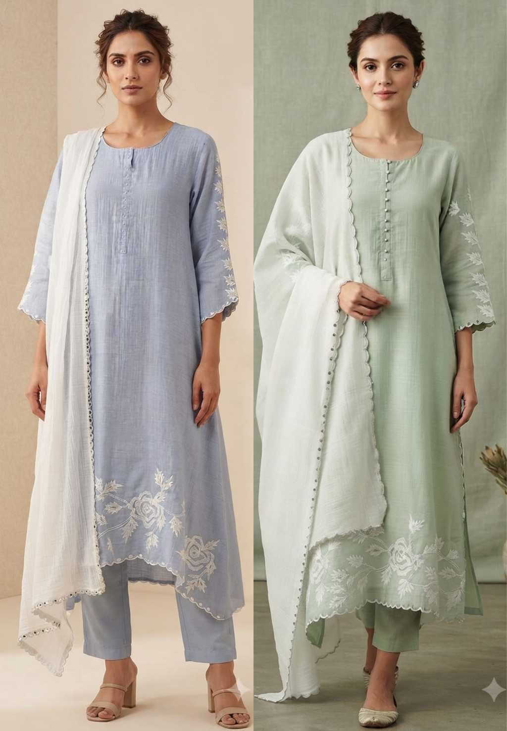 Suttle Floral Embroidered Pure Banarasi Mul-Chanderi A-Line Full Suit Set With Dual Color Dupatta- 15000