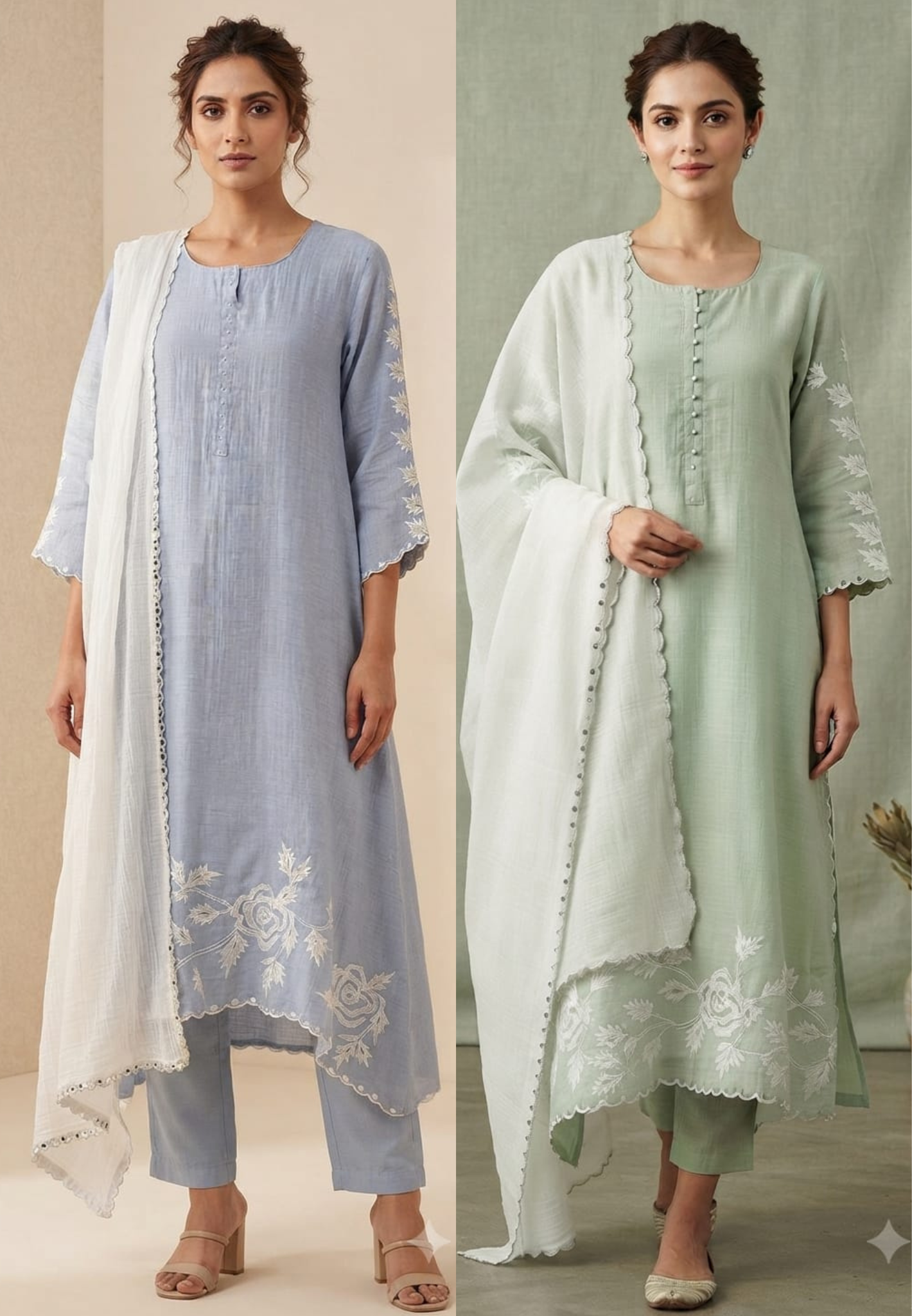 Suttle Floral Embroidered Pure Banarasi Mul-Chanderi A-Line Full Suit Set With Dual Color Dupatta- 15000