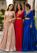 Stylish Golden Floral Popped Pleated Crop-Top With Flared Bottom Indo Wear- 15098