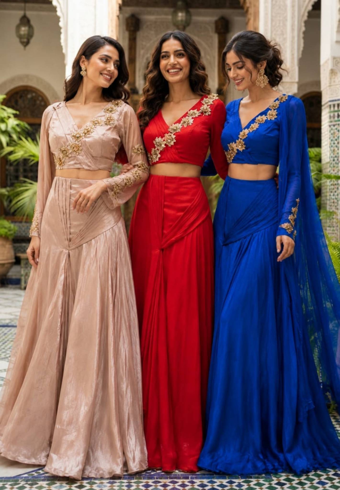 Stylish Golden Floral Popped Pleated Crop-Top With Flared Bottom Indo Wear- 15098