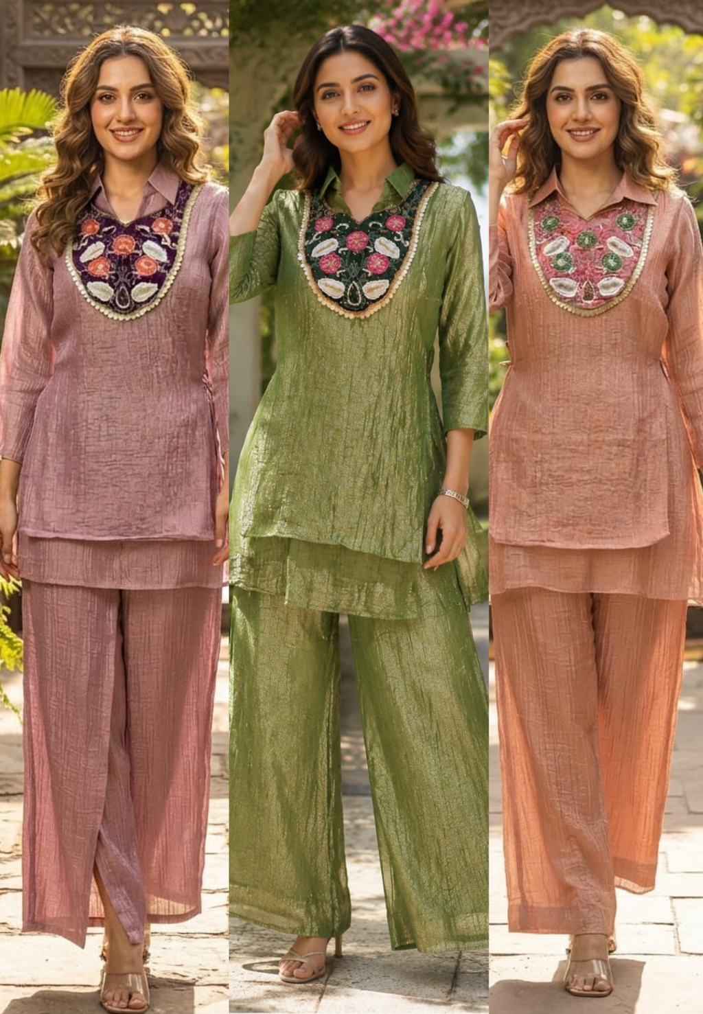 Beautiful Floral Higlights Yoke Duoble Layered Crush Tissue Co-Ord Set- 15514