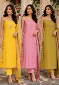 Noodle Strap Summer Style Embroidered Cotton Solid Full Suit Set With Printed Bottom- 15494