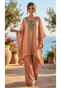 Antique Beads With Sequin Yoke Shiny Crush Tissue Pearl Embellished Bordered Kaftan With Loose Palazzo Bottom- 15529